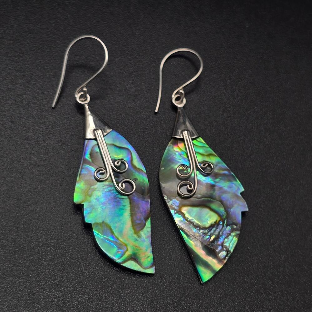 Sterling Silver Paua Abalone Shell Feather Earrings 925 Pierced